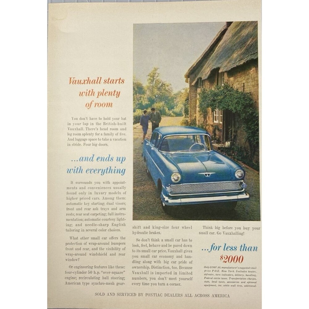 Vauxhall Sedan "British Built Serviced by Pontiac" Go Vauxhalling! Print Ad 1959